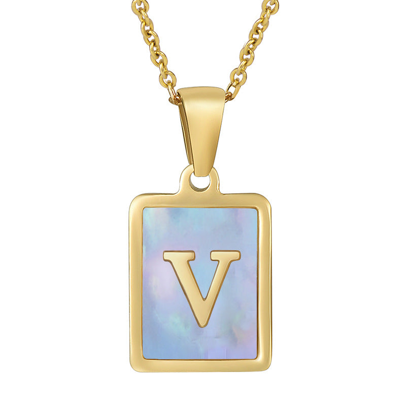 Titanium Steel 26 English Letter Necklace Blue Shell