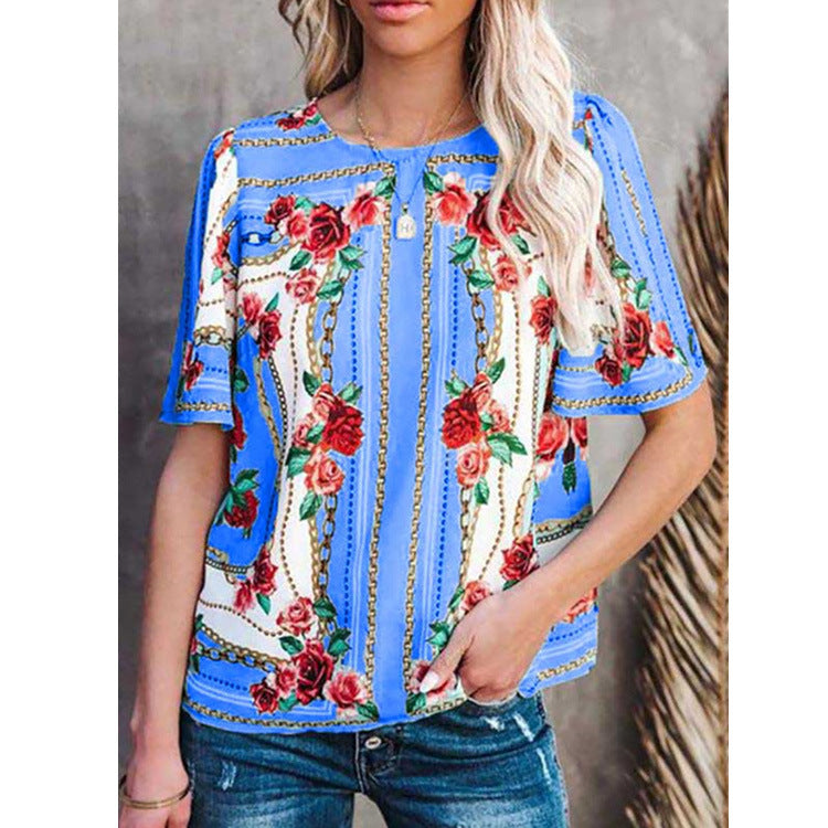 Women's Fashion Round Neck Short Sleeve T-Shirt Print Top