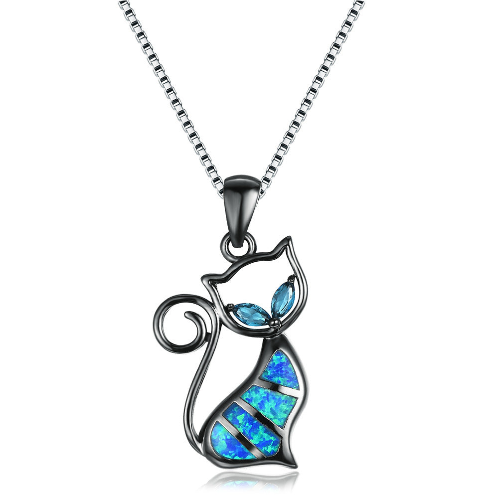 Two Aqua Blue Diamonds + Blue Opal Cat Pendant Necklace
