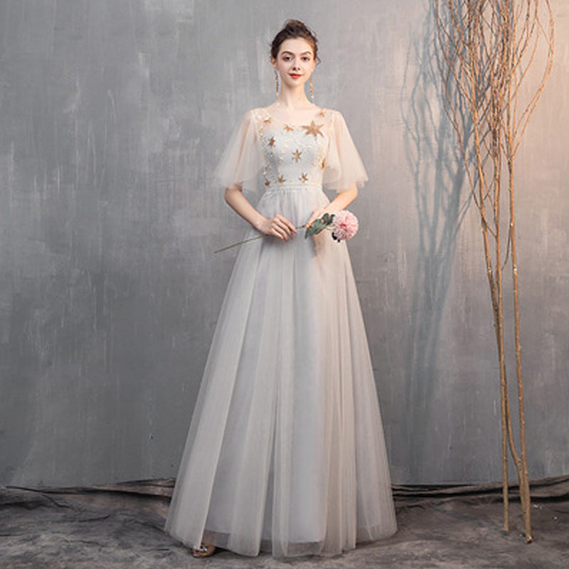 Champagne Gray Off-Shoulder Slim-Fit Bridesmaid Dress