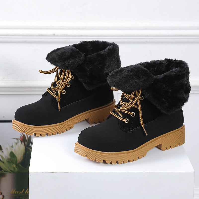 European and American Round Toe Lace Low Heel Snow Boots
