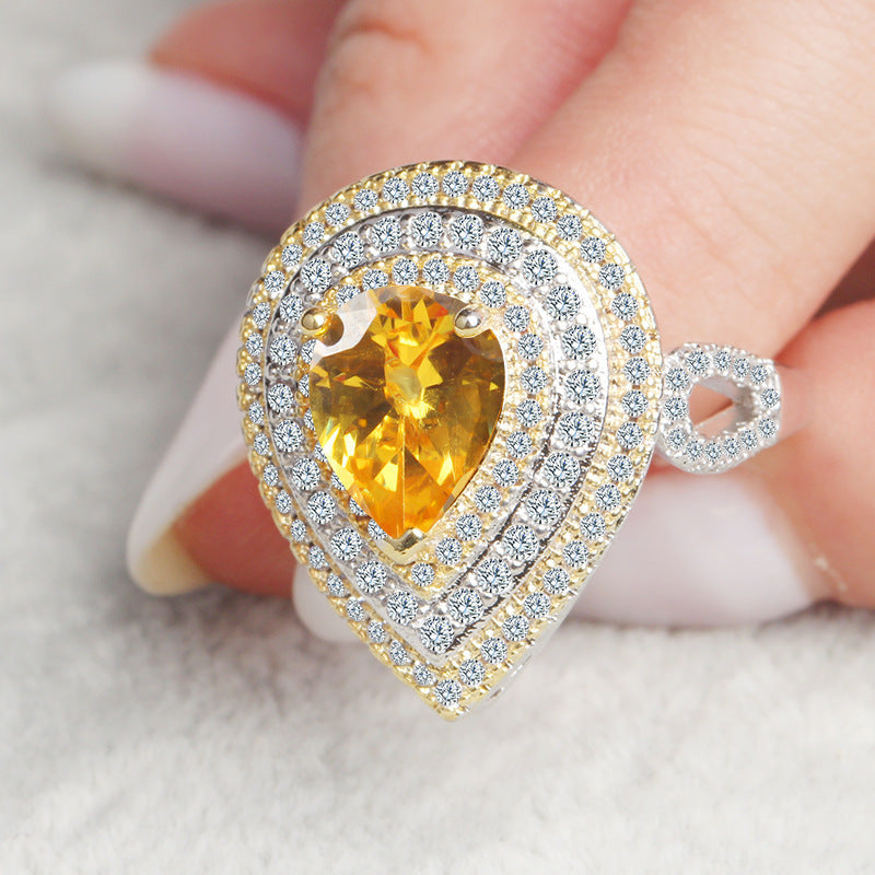 Wish Hot Europe and America Exaggerated Ring Water Drop Diamond Foreign Trade Classic Zircon Yellow Diamond Wedding Diamond Ring