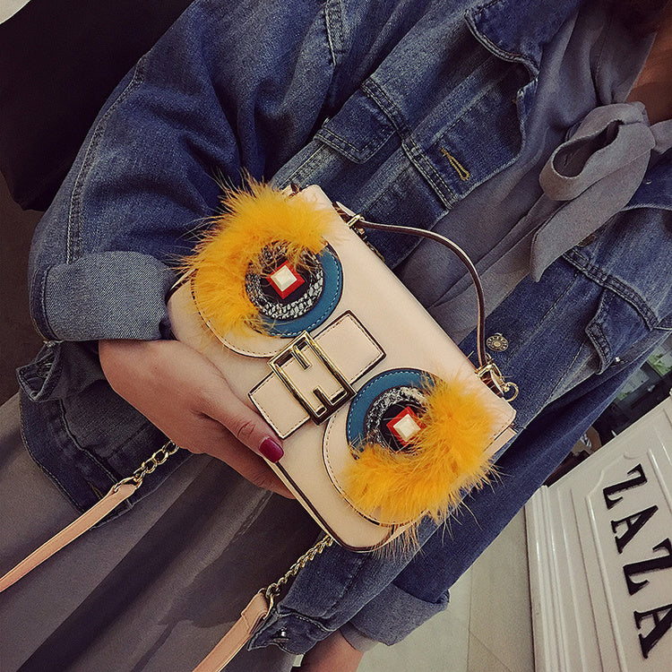 Spring New Ladies Bag Fashion Trend Bag Cartoon Contrast Color Lock with Cover Bag Shoulder Oblique Bag