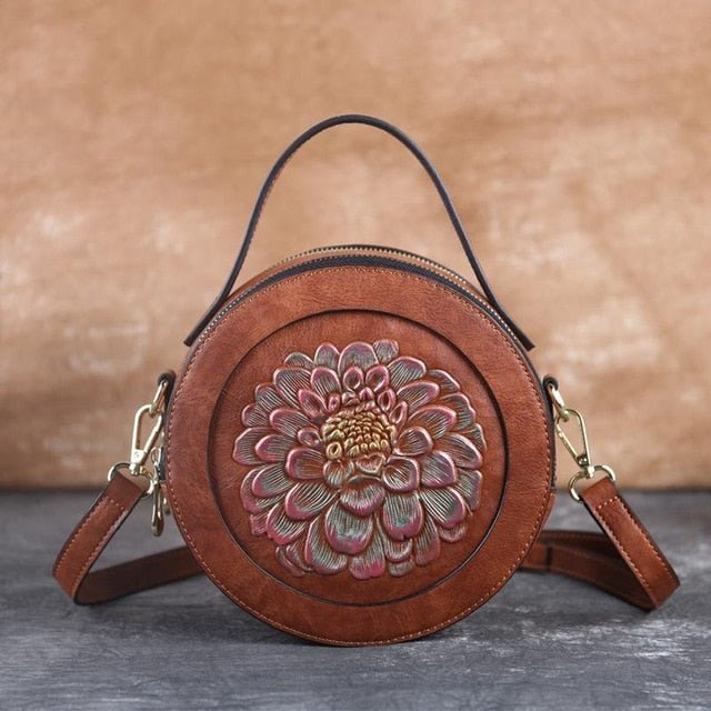 Vintage Embossed Small Round Bag, Shoulder Messenger Bag, Zipper Large-Capacity Handbag