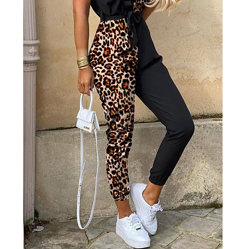 Casual Lapel Belt Printed Work Overalls