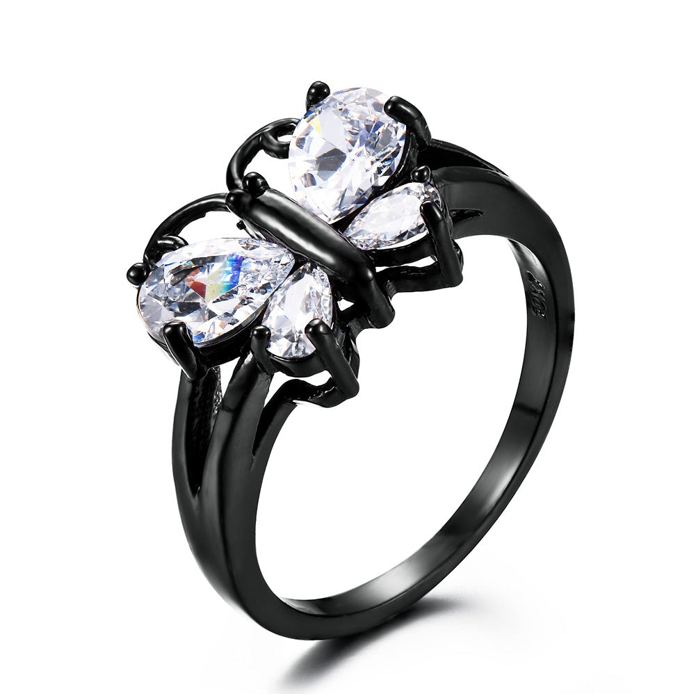 Small Animal Trend Black Gold Blue Zircon Butterfly Ring