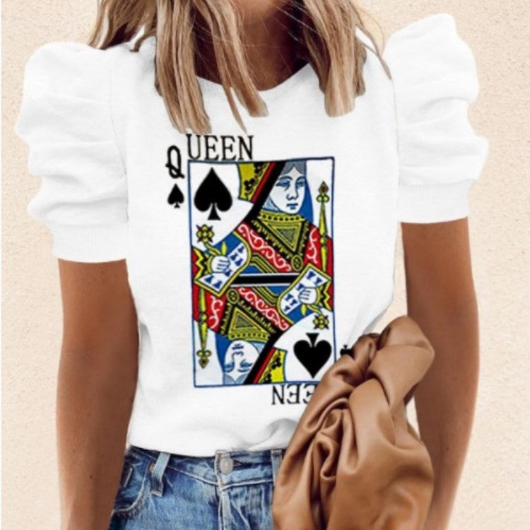 Round Neck Print Short Sleeve Puff Sleeve Fashion All-Match T-Shirt