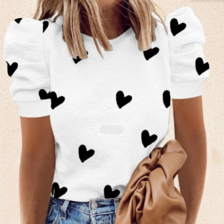 Round Neck Print Short Sleeve Puff Sleeve Fashion All-Match T-Shirt