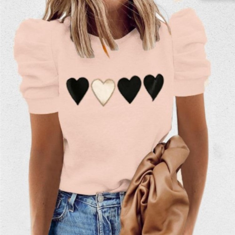 Round Neck Print Short Sleeve Puff Sleeve Fashion All-Match T-Shirt