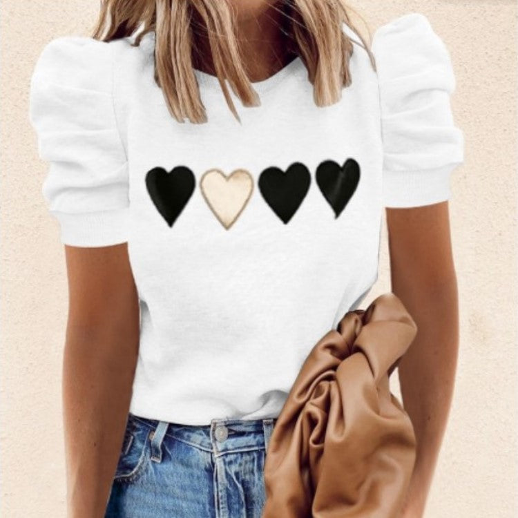Round Neck Print Short Sleeve Puff Sleeve Fashion All-Match T-Shirt