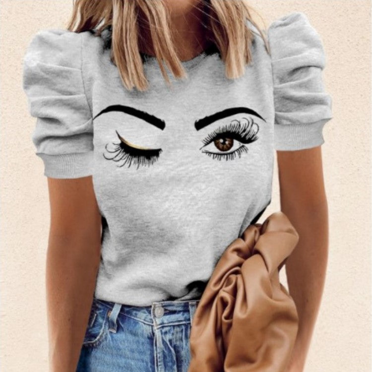 Round Neck Print Short Sleeve Puff Sleeve Fashion All-Match T-Shirt