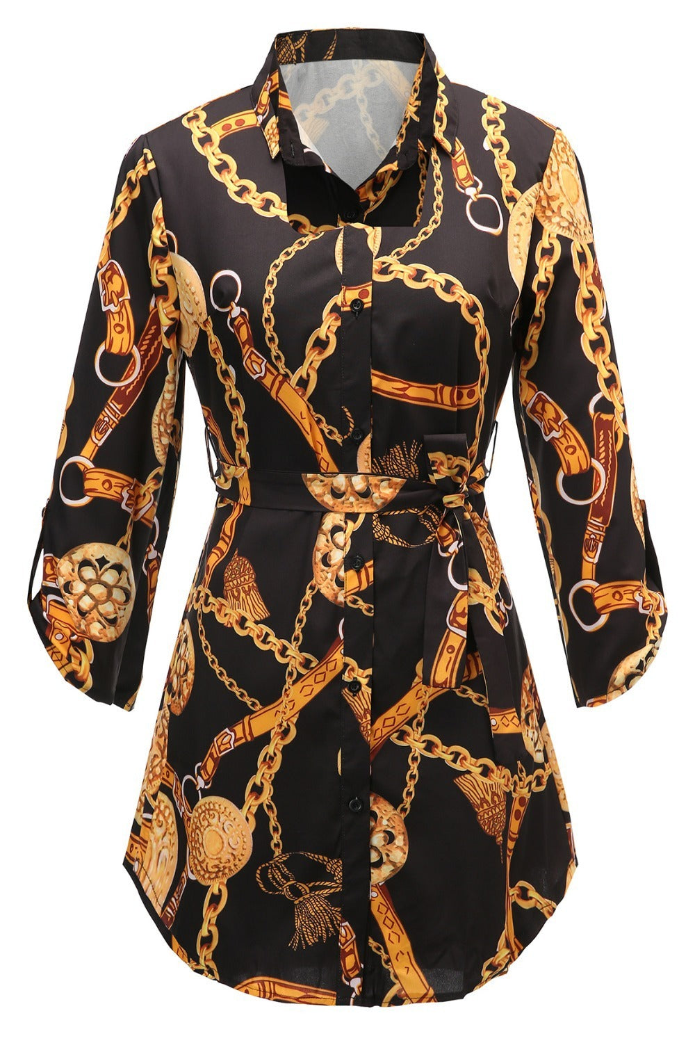 Sleeve Chain Printed Women's Blouse, Lapel Tie Buttoned Casual Top