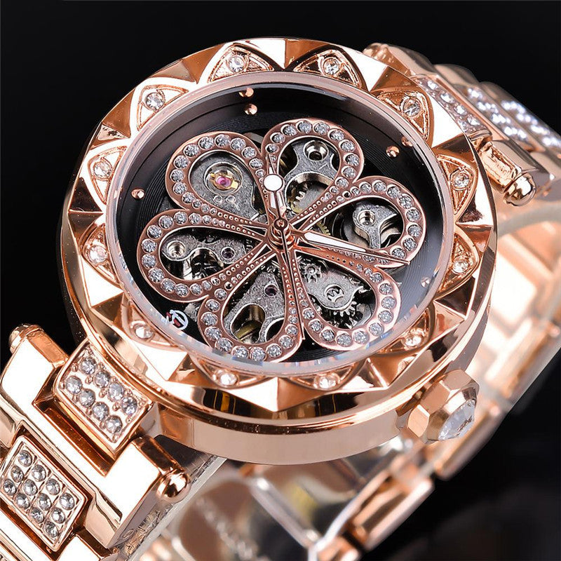 European And American Ladies Fashion Casual Rhinestone Hollow Mechanical Waterproof