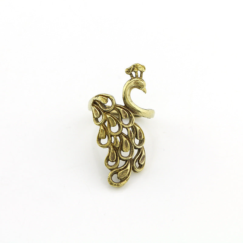 Pure Copper Ladies Ring Retro Opening Peacock Open Screen Brass Jewelry