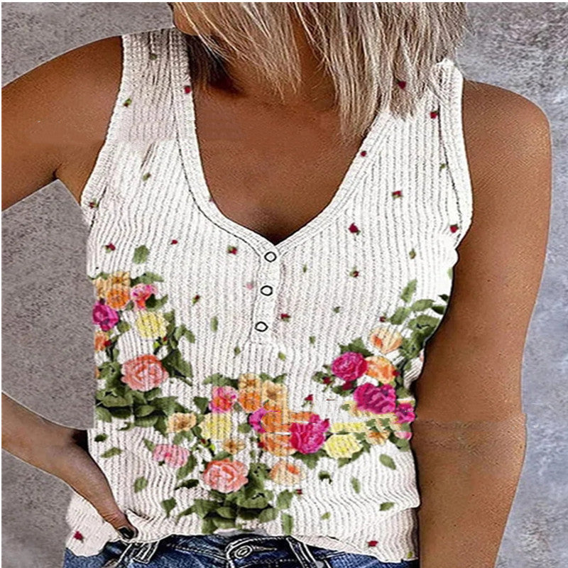 Ladies Button Vest Printed V-Neck Sleeveless T-Shirt Top
