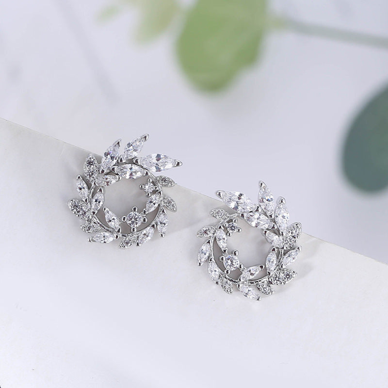 S925 Sterling Silver Temperament Branch Leaf Diamond Stud Earrings