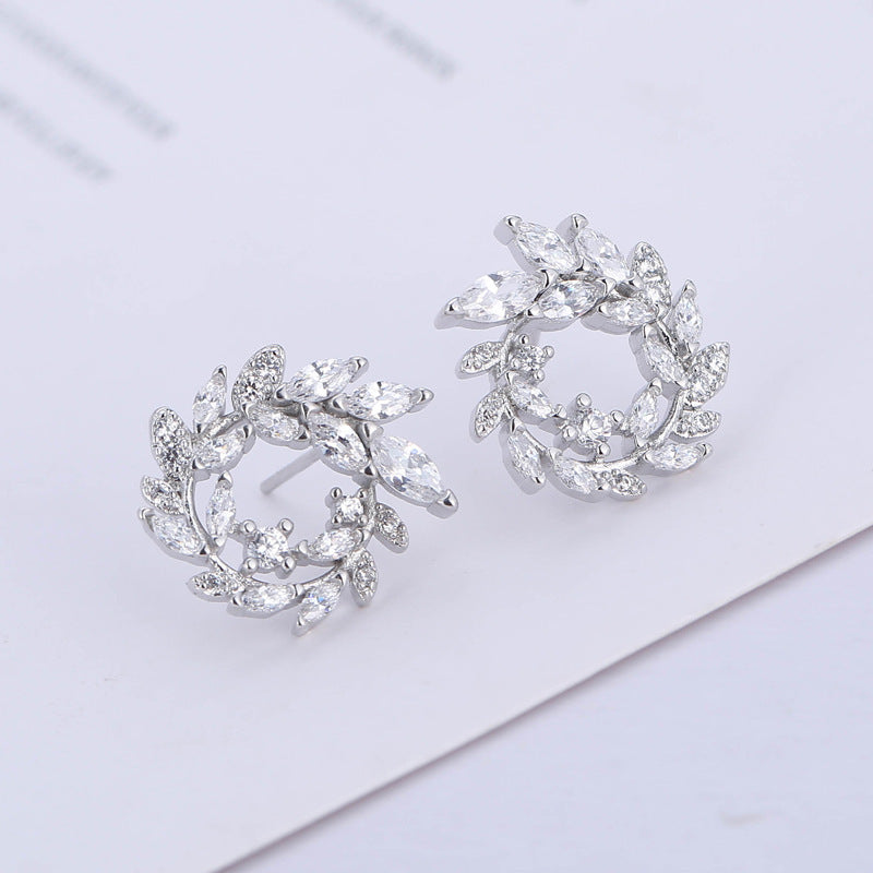 S925 Sterling Silver Temperament Branch Leaf Diamond Stud Earrings