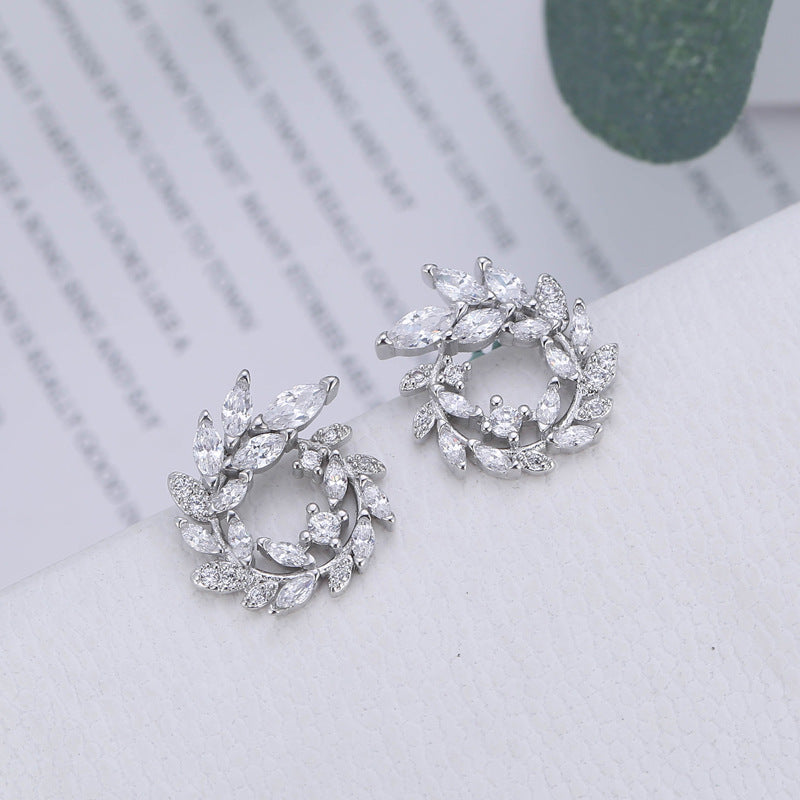 S925 Sterling Silver Temperament Branch Leaf Diamond Stud Earrings
