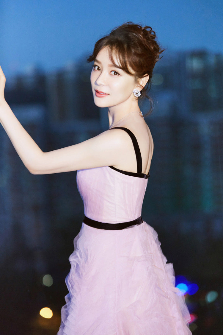 Purple Sleeveless Textured Tulle Dress Wedding Suspender Dress