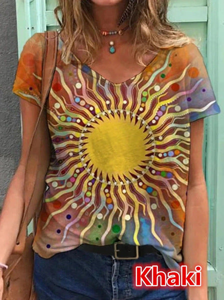 Short-Sleeved V-Neck Loose Geometric Print Top