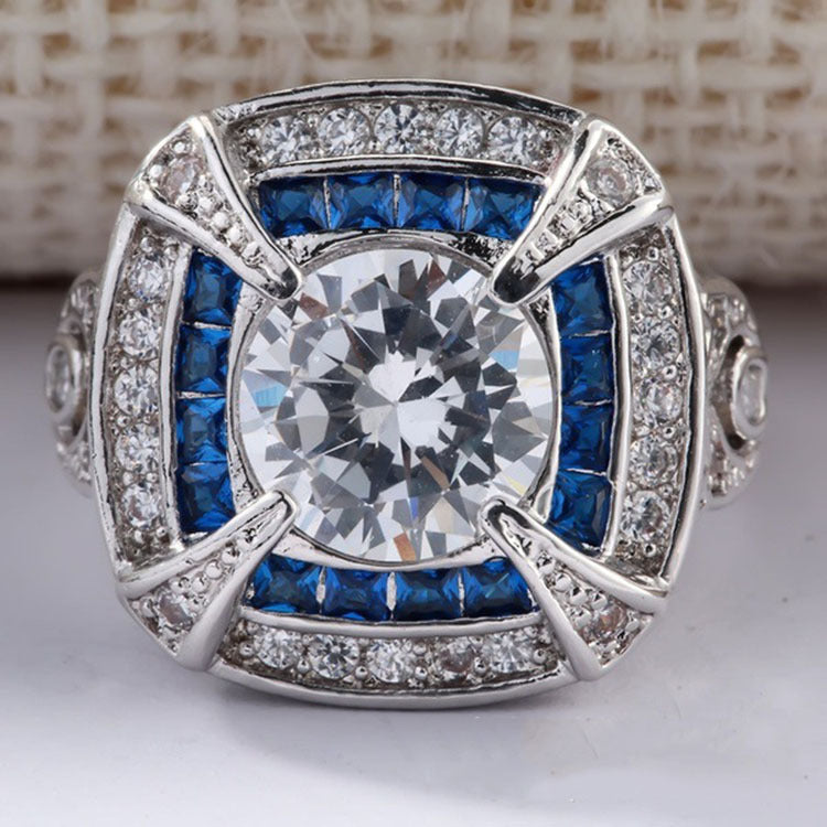 Hot Sale Inlaid Blue Zircon Two-tone Ring Cross-Border E-Commerce