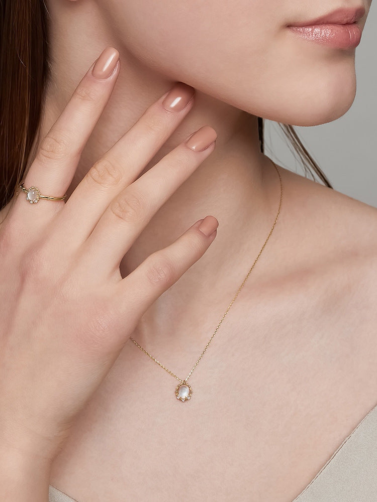 Moonstone Diamond 925 Silver 10k Gold Necklace