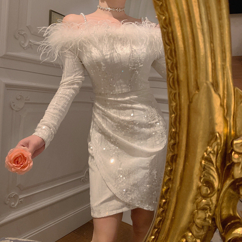 Sequined Feather Off-shoulder New Banquet Party C- Bit Evening Dress For Women