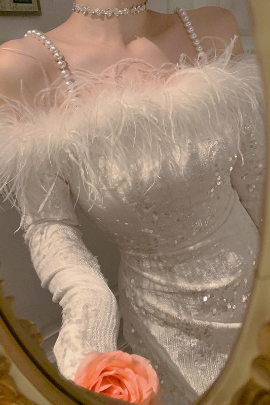 Sequined Feather Off-shoulder New Banquet Party C- Bit Evening Dress For Women