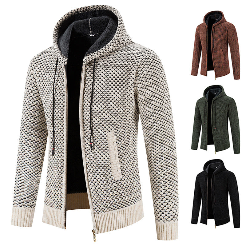 Knitwear Men's Hooded Sweater Fleece-Lined Velvet-Added Thickness Fleece-Lined Warm Cardigan Coat