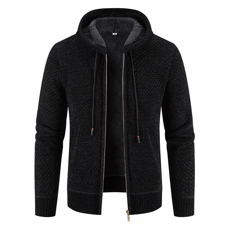 Knitwear Men's Hooded Sweater Fleece-Lined Velvet-Added Thickness Fleece-Lined Warm Cardigan Coat
