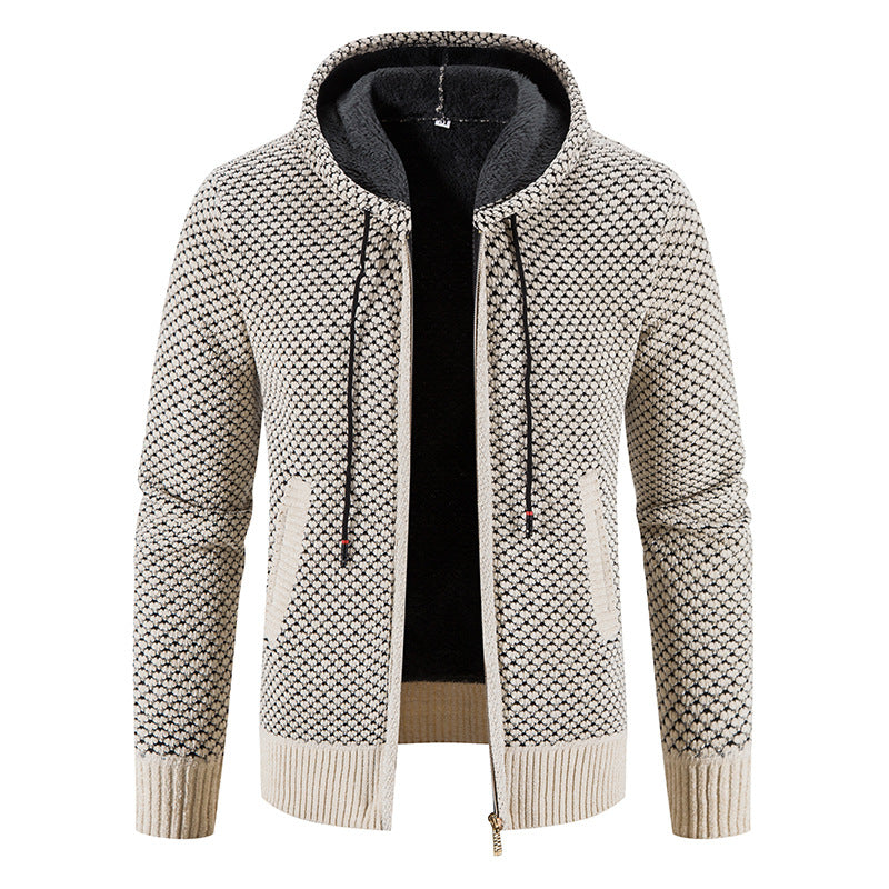 Knitwear Men's Hooded Sweater Fleece-Lined Velvet-Added Thickness Fleece-Lined Warm Cardigan Coat
