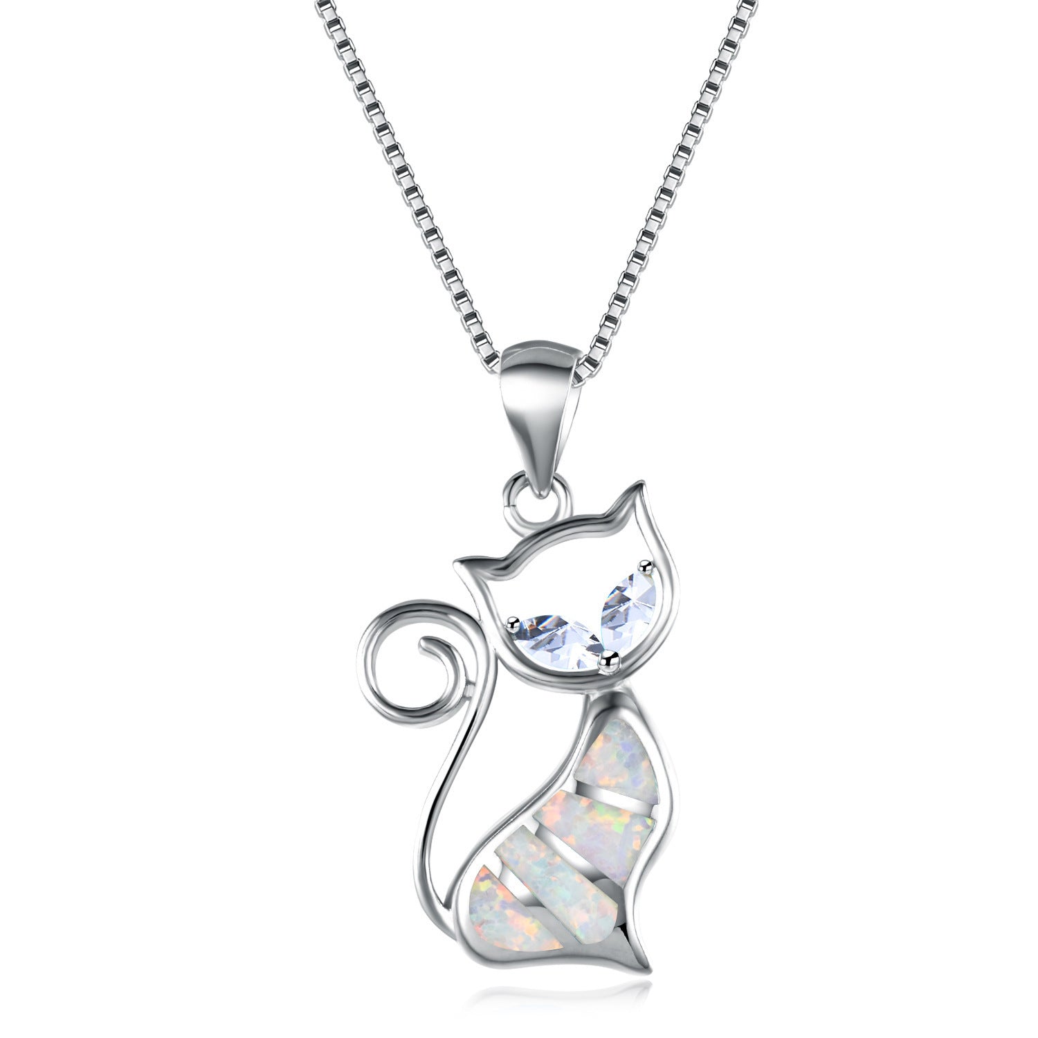 Two Aqua Blue Diamonds + Blue Opal Cat Pendant Necklace