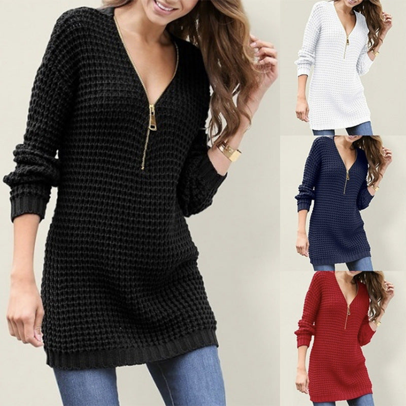 Zip V-Neck Sweater Dress
