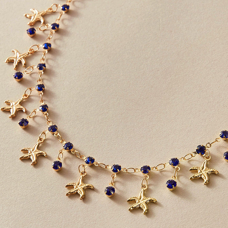 Royal Blue Tassel Alloy Starfish Palace Style Necklace Women