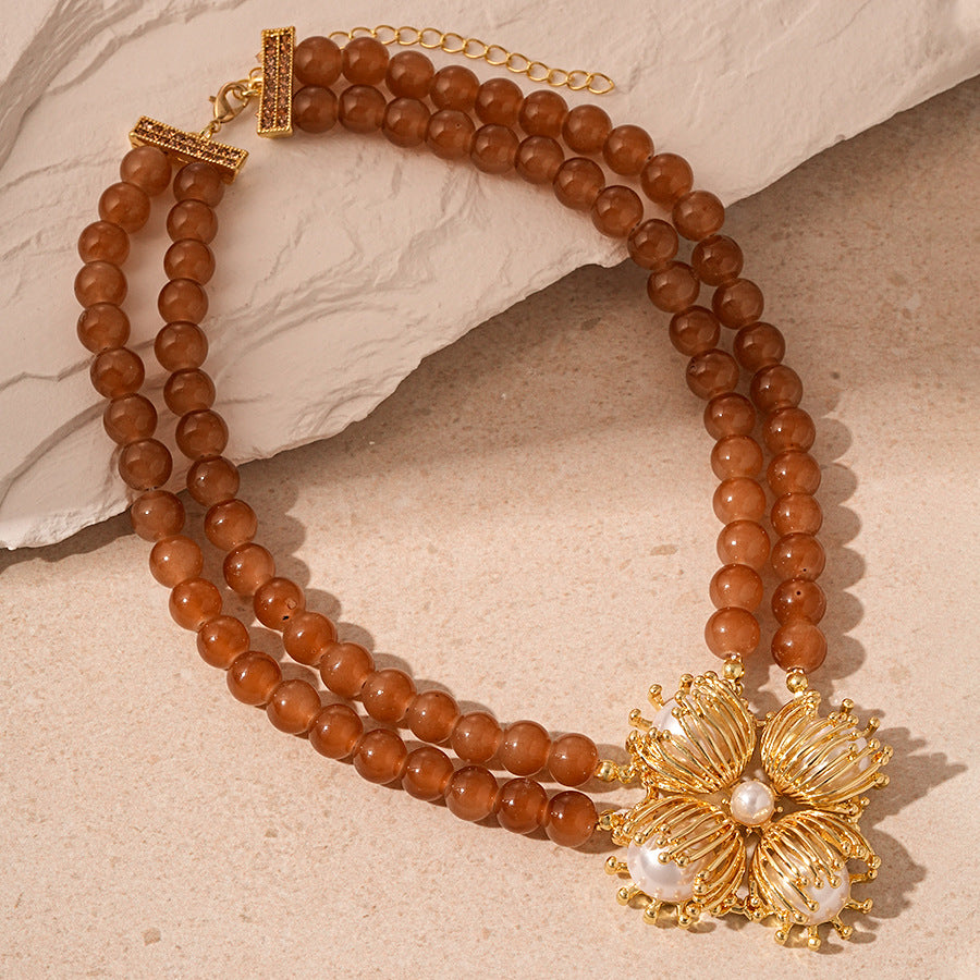 Vintage Artificial Glass Beaded Double-Layer Necklace Earrings