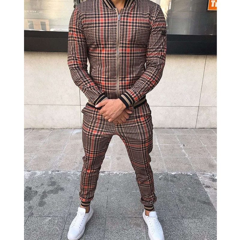 New Men's Leisure Suits Tracksuits Men Grid Two-Piece Patchwork Zipper Tracksuits Small Leg Trouser Sportswear New Man Sets