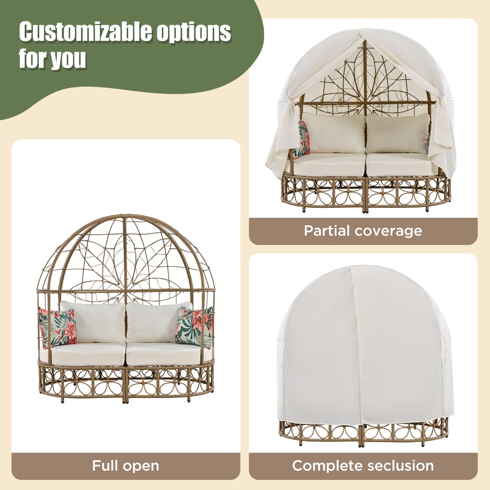 GO 59.8  Daybed Outdoor Sunbed With Colorful Pillows, Wicker Patio Daybed With Curtain, Floral Patte