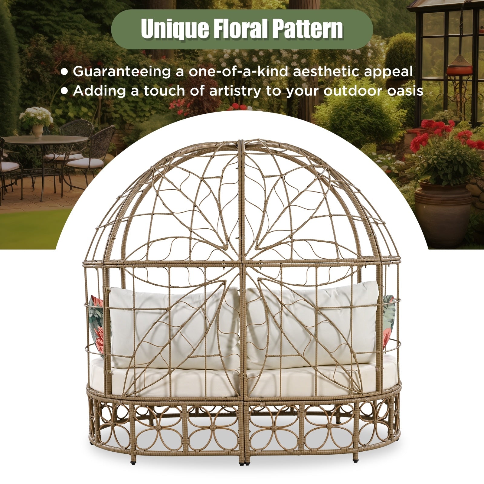 GO 59.8  Daybed Outdoor Sunbed With Colorful Pillows, Wicker Patio Daybed With Curtain, Floral Patte