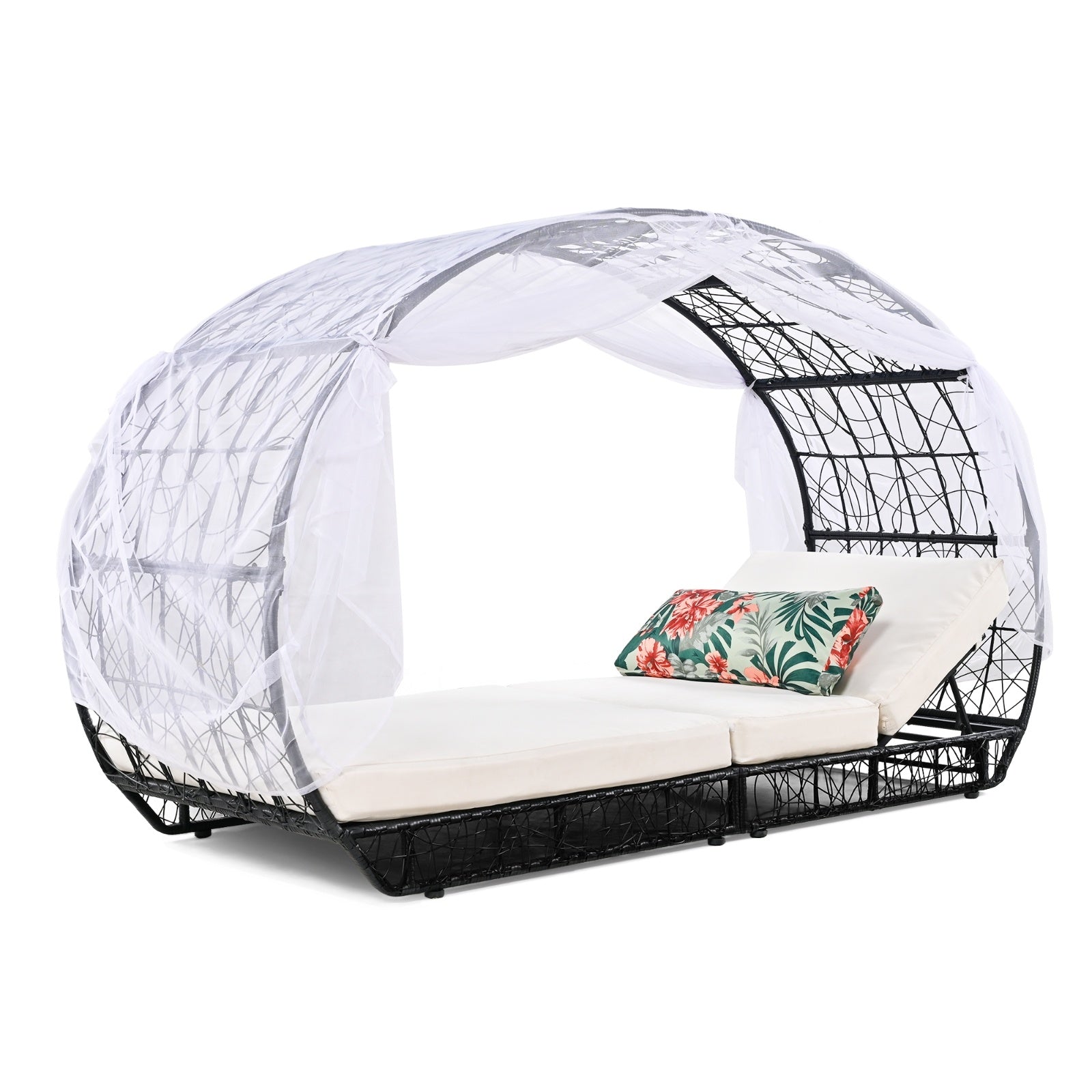 GO 90.55 Outdoor Patio Daybed With Curtain, Sunbed With Cushion And Colorful Pillow, Wicker Lounge