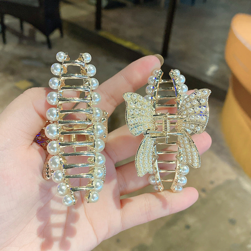 Bow Pearl Temperament Delicate Hair Clip Grab Accessories Female