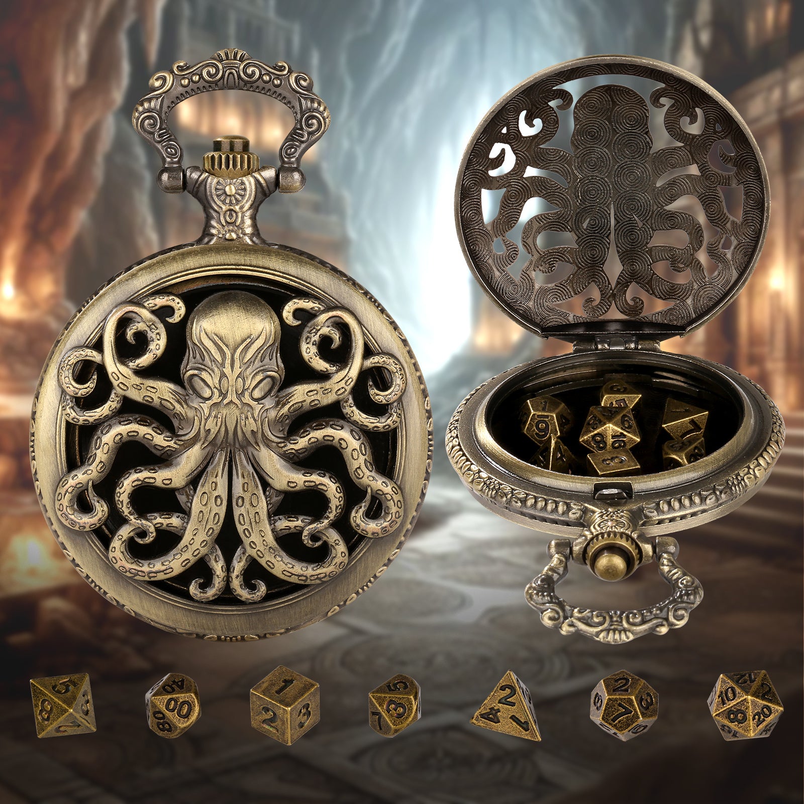 Thick Chain Octopus Symmetrical Pocket Watch Set And Mini DND Dice Set, Equipped With 7 Game Polyhedral Metal Dice Dragons And Dungeon Tabletop Role-playing Game Dice