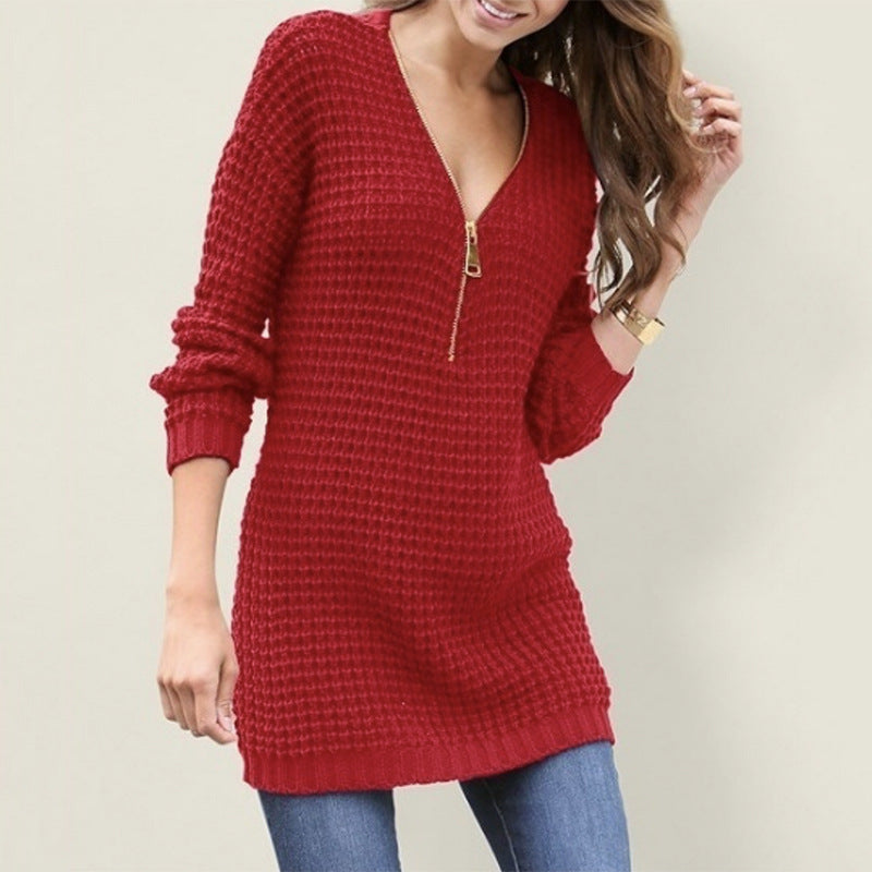 Zip V-Neck Sweater Dress