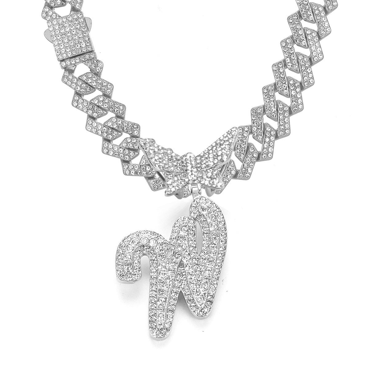English Letter Alloy Rhinestone Pendant Necklace Butterfly