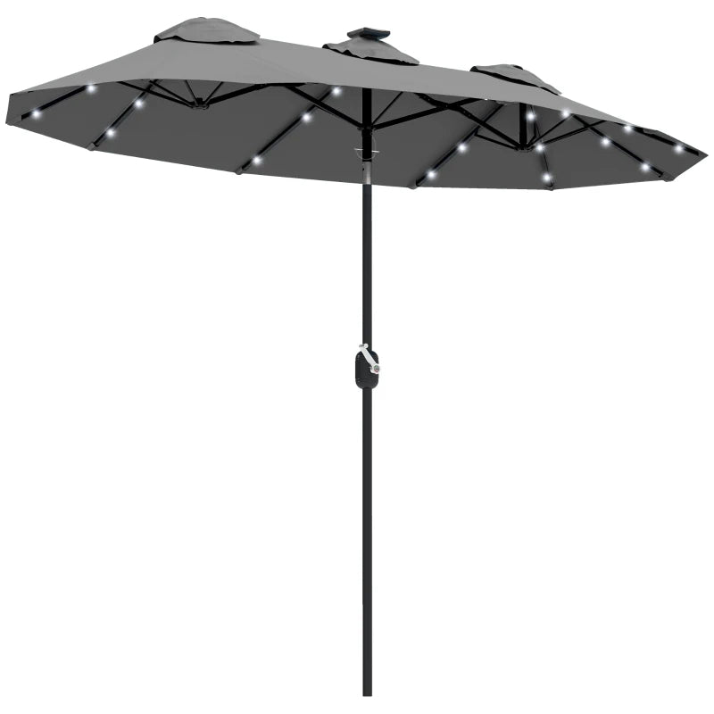 Double-sided Patio Umbrella, 9.7' Outdoor Umbrella With Tilt And Crank, LED Solar Light And 12 Ribs, Gray