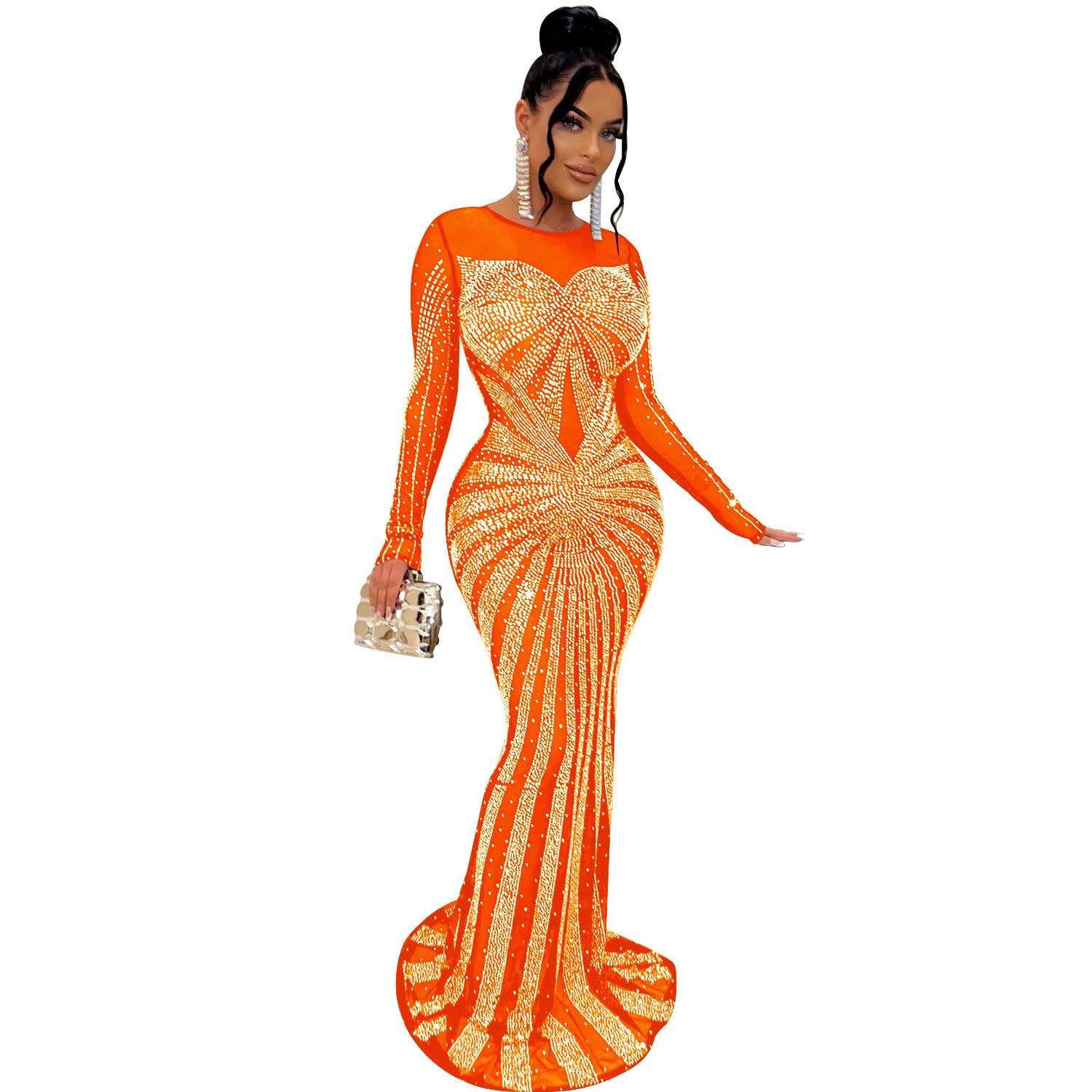 Women's Solid Color Mesh See-through Hot Drill Long-Sleeved Long Dress