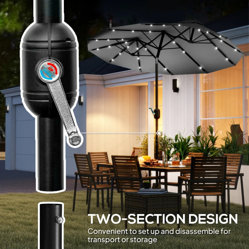 Double-sided Patio Umbrella, 9.7' Outdoor Umbrella With Tilt And Crank, LED Solar Light And 12 Ribs, Gray