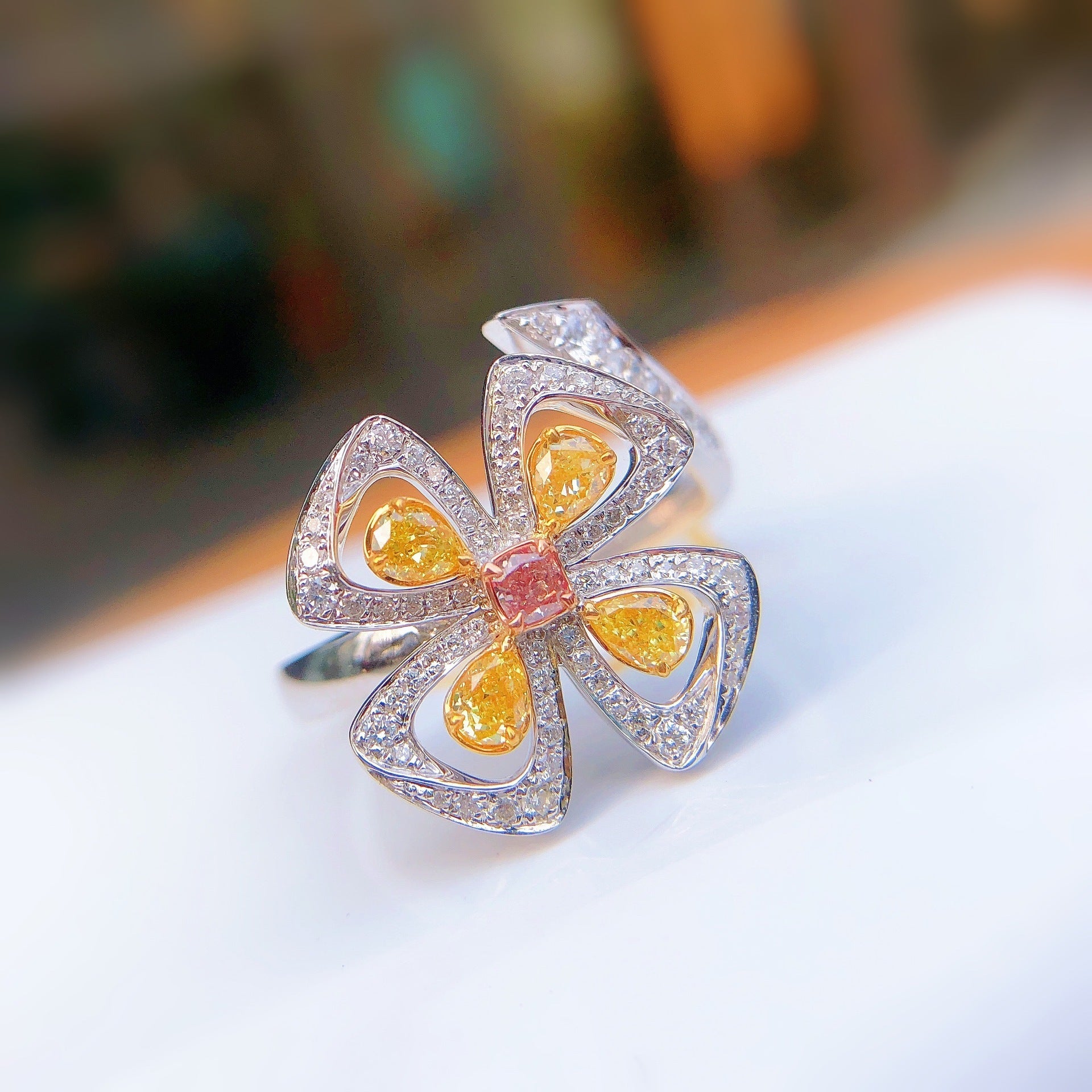 Yellow Diamond Four-Leaf Clover  Crystal Female Ring