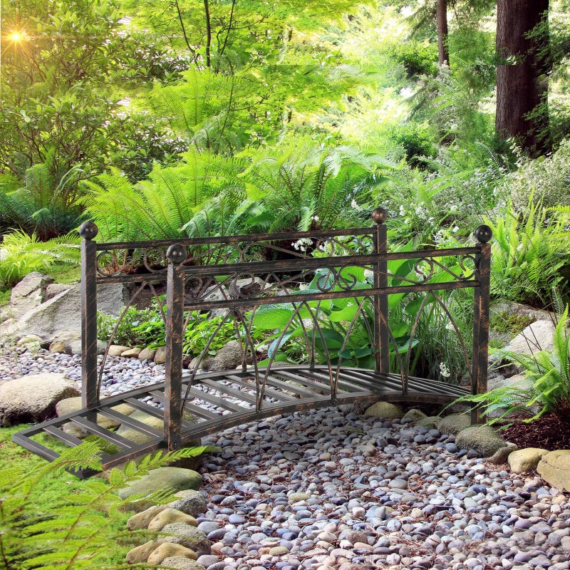Metal Arch Zen Garden Bridge With Safety Siderails, Decorative Footbridge, Delicate Scrollwork & Corner Spheres For Stream, Fish Pond, Bronze