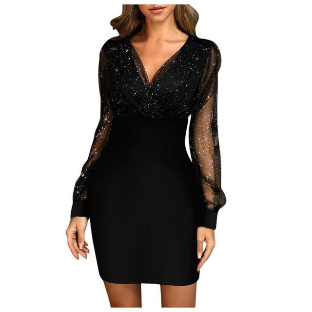 Women's Autumn Long-Sleeved Stitching V-Neck Mesh Dress