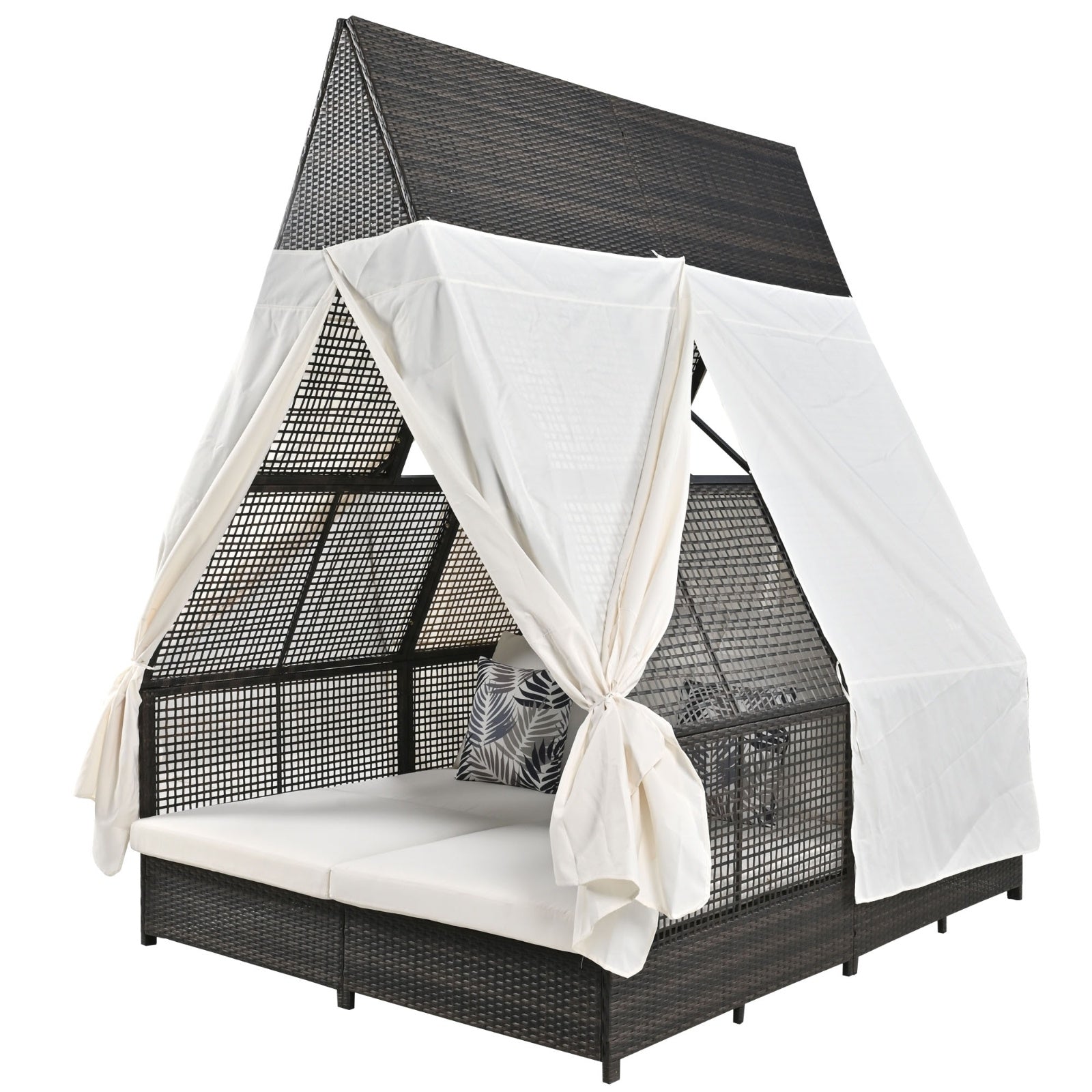 Outdoor Daybed With Adjustable Backrest And Curtains, Double Sun Lounger